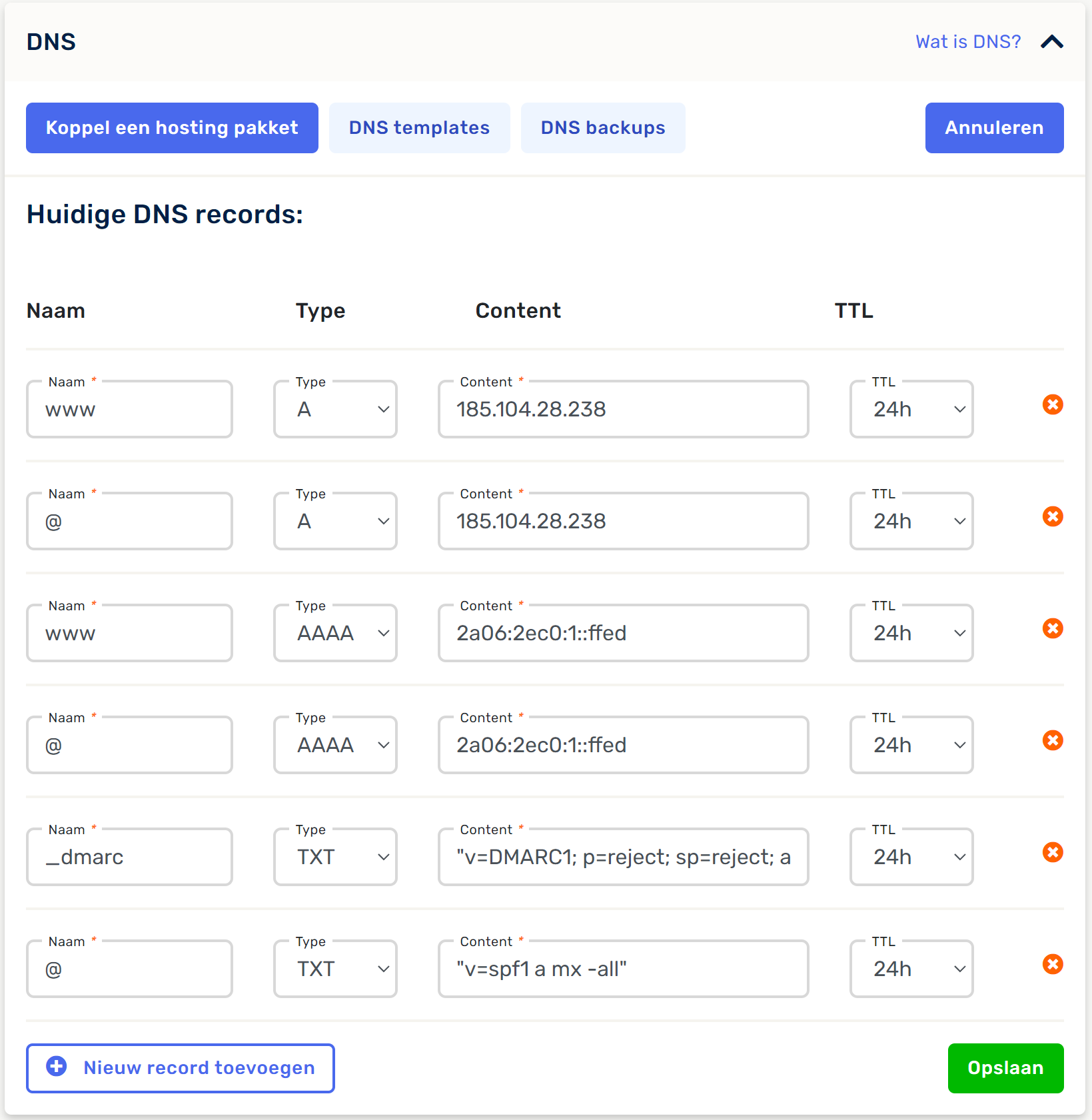 DNS management vimexx dashboard