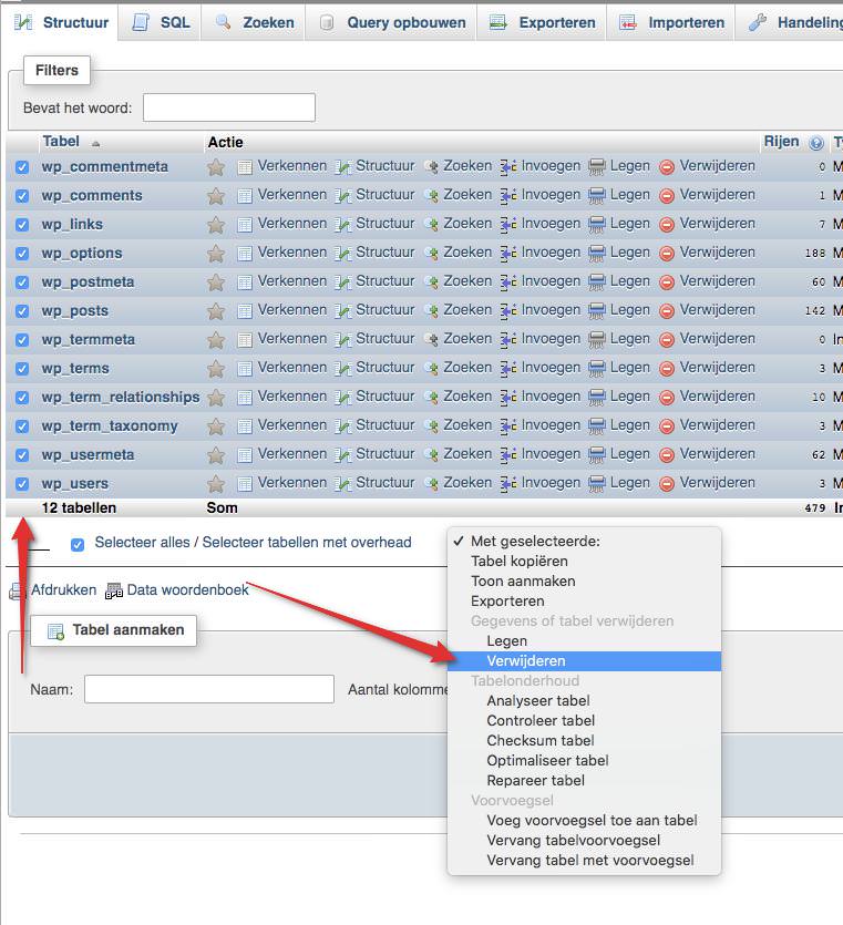 Phpmyadmin verwijder tabellen