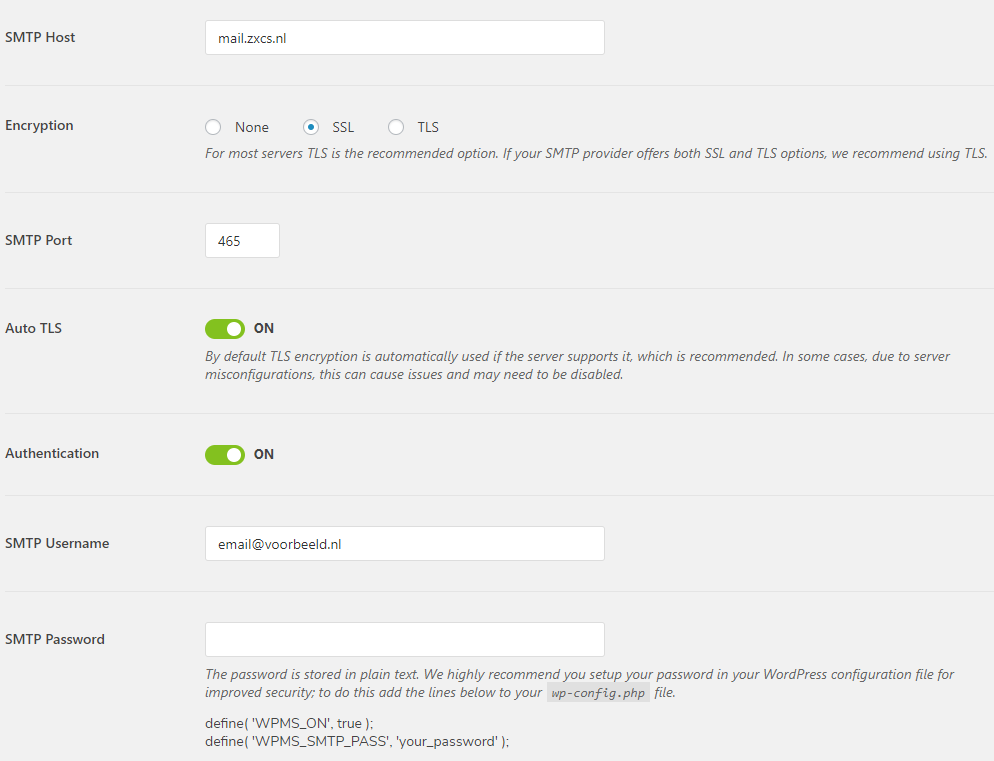 SMTP configuratie